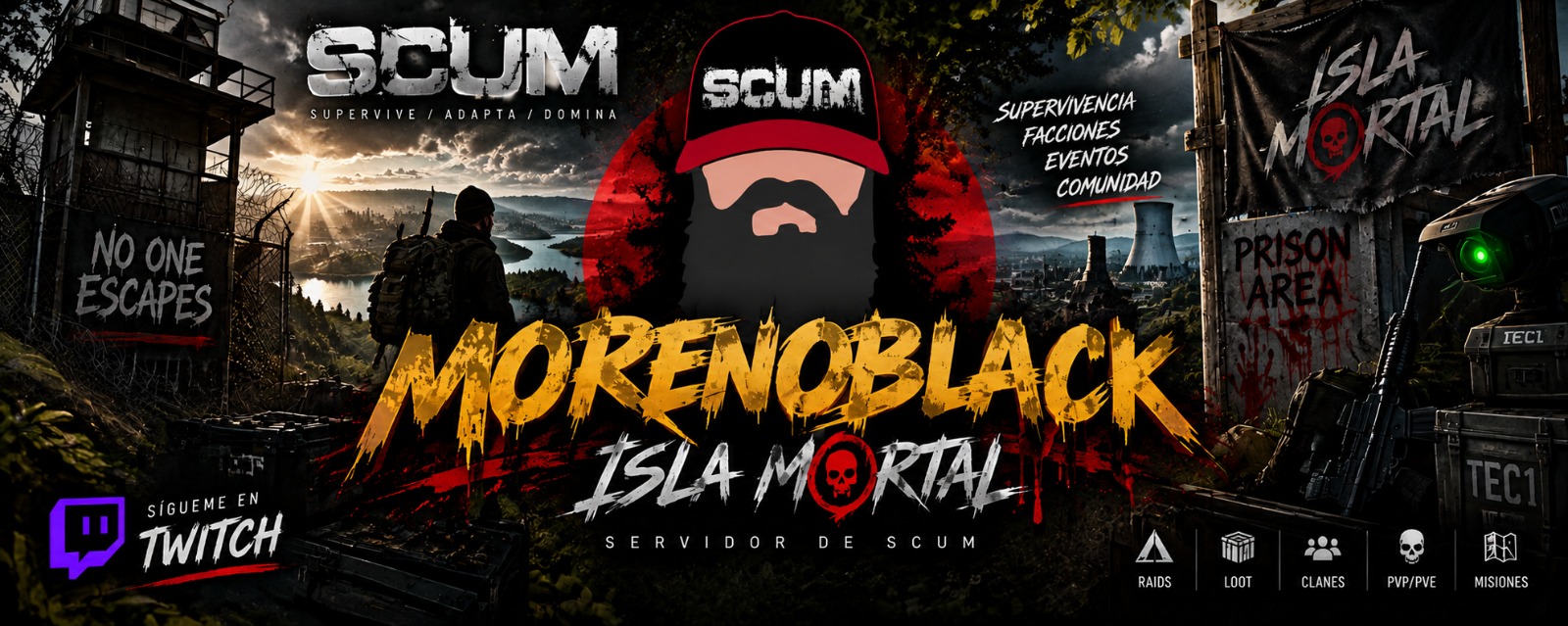 Morenoblack en Isla Mortal: ilustración de SCUM con su avatar, supervivientes y una zona de prisión
